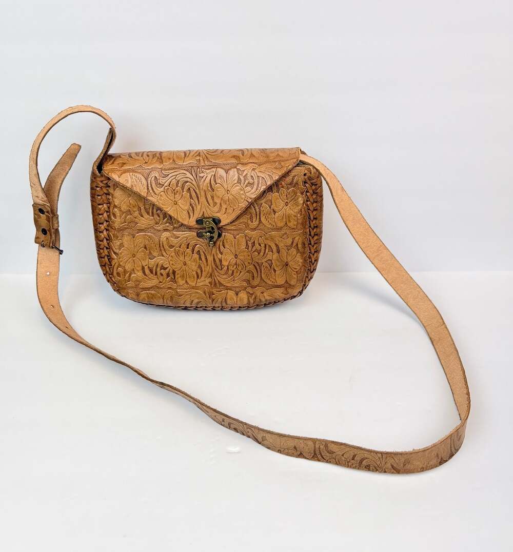 Vintage Hand Tooled Leather Floral Crossbody Saddle Bag